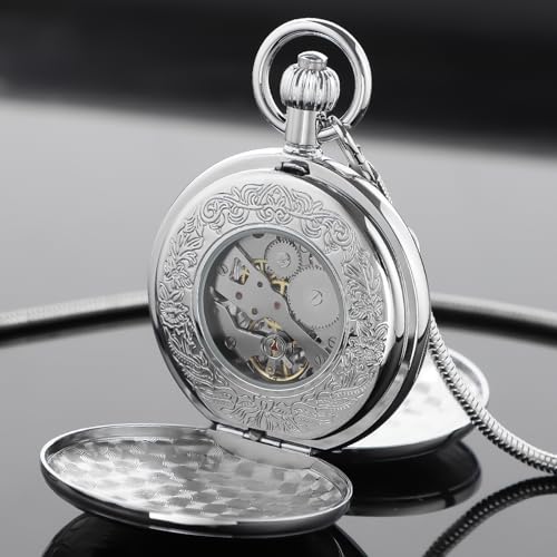 Image of Copper Pocket Watch Train Railroad Steampunk Mechanical London Hand Wind Double Case Mens Watches with Chains & Boxs Christmas Graduation Birthday Gifts Fathers Day(Silver)