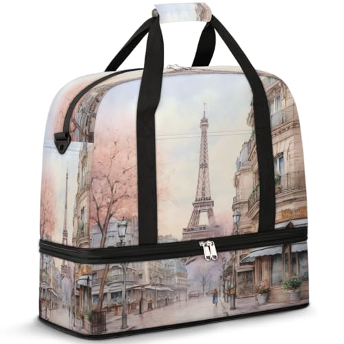 Travel Duffel Bags Eiffel Tower Foldable Weekender Bags for Women with Shoes Compartment Waterproof & Tear Resistant Carry on Overnight Luggage Duffel Bag Shoulder Sports Tote Bag