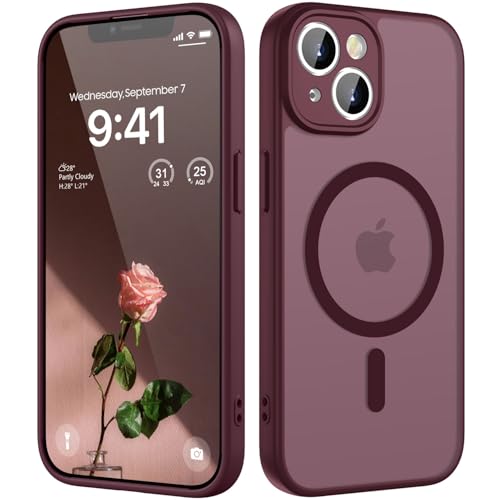 HGH Magnetisch Hülle für iPhone 13 6 1 Zoll mit Kameraschutz für Magsafe Transluzente Matt Rückseite Dünn Stoßfest Handyhülle für iPhone 13 Case Dunkel Rot