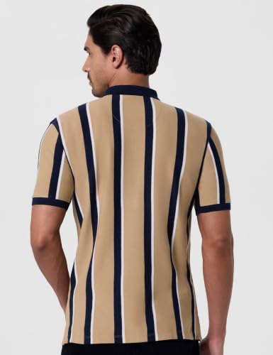 Image of Peter England Men's 100% Cotton Vertical Striped Polo T-Shirt - Casual Wear | Sleek & Comfortable