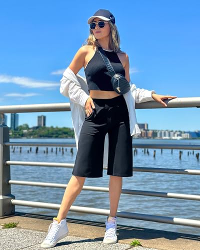 Image of G4Free Capri Pants for Women 14 inch Knee Length Wide Leg Yoga Capris Dressy Casual Summer Crop Pants with Pockets