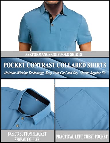 Polo para Hombre Casual de Seda con Manga Corta, Clásico, Estilo Empresarial, Cuello con Solapa, Bolsillo, Camiseta para Golf miniatura 4