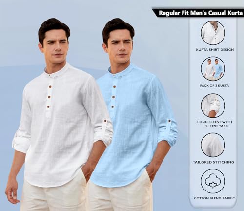 Image of Zombom Men's Combo Cotton Polyester Blend Solid Full Sleeve Straight Regular Fit Mandarin /Chinese Collor Kurta (Pack of 2)