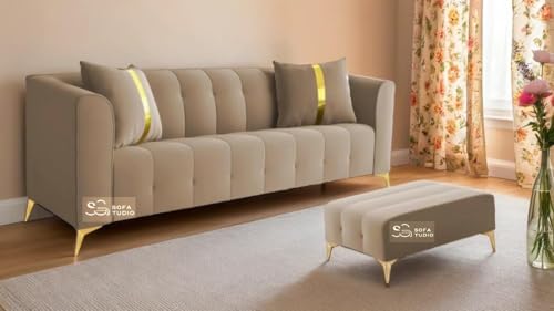 Image of Chesterfield Velvet Upholstery 3-Seater with Armchair and Footrest, Design in 3+1+Footrest Sofa for Living Room, Bedroom, Hallways (Tan Beige)