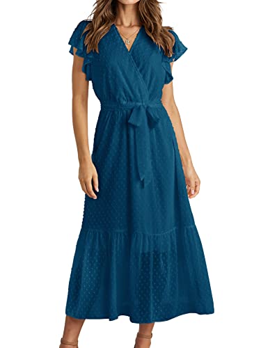 BTFBM Women Summer Bohemian Floral Casual Wrap V Neck Ruffle Cap Sleeveless Belt A-Line Pleated Hem Swing Midi Sun Dress (Swiss Dot Lake Blue, m)