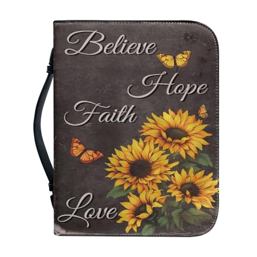 Borsa della copertura Bibbia per donne ragazze borsa con manico portatile per forniture di studio biblico Girasole e Farfalla 2XL-12x9x2.4 pelle sintetica