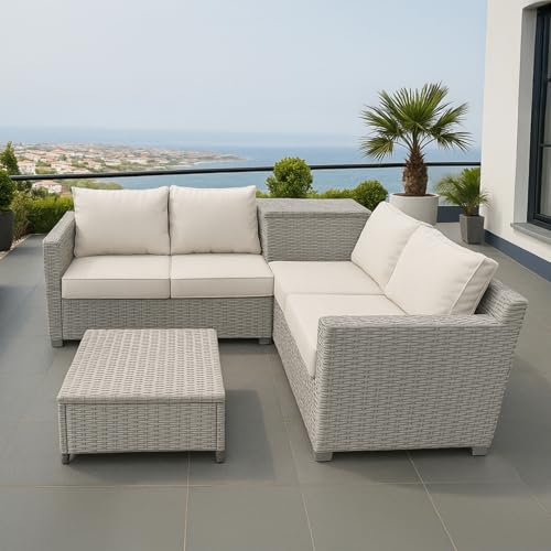 CONCEPT USINE | Salon de Jardin 4 Places ABACOS en Résine Tressée Gris | 2 Canapés + Coffre Latéral + Table Basse | Coussins Beige Confortables | Structure...