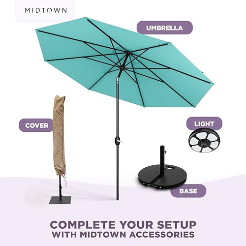 Image of Midtown Umbrellas - The Lean 8 Ft Patio Umbrella with 10-Year-No-Fade Acrylast Acrylic Fabric, Auto-Tilt and 8 Reinforced Ribs for Deck, Pool, Garden, Hotel & Cafes - Azure Canopy, Black Pole