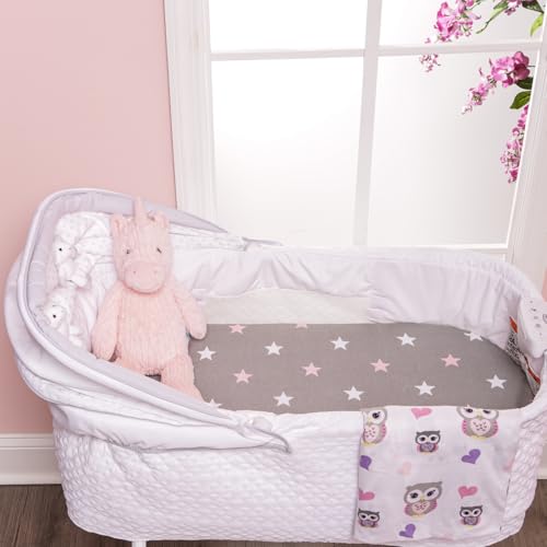 Image of 2-Pack Bassinet Sheets - 100% Cotton Jersey Knit Owls and Stars Bassinet Mattress Pad Fitted Sheets for Baby Girl; Compatible with Bassinet Bedside Co-Sleeper Lounger Brands; Oval Rectangle Mattress