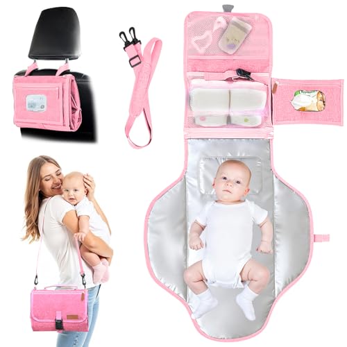 Image of UBRAVOO Portable Diaper Changing Pad - Baby Diaper Changer Travel Bag with Wipes Pocket, Smart Design Portable Changing Mat, Infant Travel Station Kit, Gift for Newborn Girl & Boy (Pink)