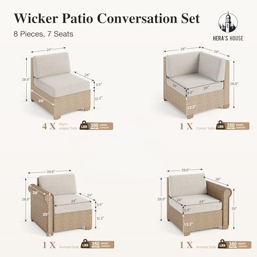 Image of HERA'S HOUSE Patio Furniture Set, All Weather 7 Seats Outdoor Sectional Wicker Sofa with Fire Pit Table, 5.5 inch Thick Waterproof Cushion 9 Piece Modular Conversation Set for Garden Deck Backyard