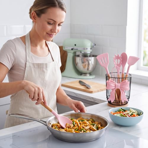 Ferrochef 7 Pcs Pink Bow Kitchen Decor, Silicone Cooking Utensils Set by Ferrochef - Used condition - Image 2