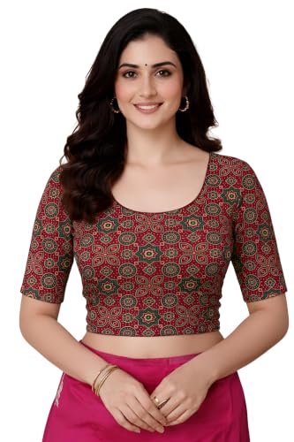 Image of Amazon Brand - Anarva Women's Kalamkari Print Cotton Stretchable Round Neck Readymade Saree Blouse