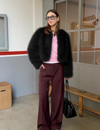 Shiyifa Women's Faux Fur Coat Long Sleeve Fleece Cropped Jacket Open Front Shaggy Warm Short Fall Winter Outerwear2
