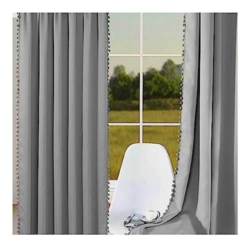 Image of Amazon Brand - Umi Velvet Eyelet Door Curtains with pom pom Lace for Living Room Bedroom Kitchen 2 pc Pack in Silver Color (Windows - 4 feet x 5 feet)
