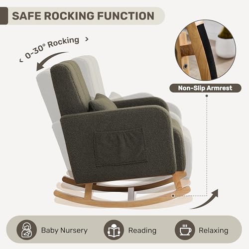 Image of Rocking Nursing Chair with Ottoman, Upholstered Glider Rocker Armchair with High Backrest and Side Pocket, Comfy Reading Chair with Solid Wood Legs for Nursery, Living Room,Bedroom, Green