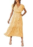 PRETTYGARDEN Women's Summer Floral Boho Dress Wrap V Neck Short Sleeve Ruffle A-Line Flowy Maxi Wedding Guest Dresses (Yellow,Medium)