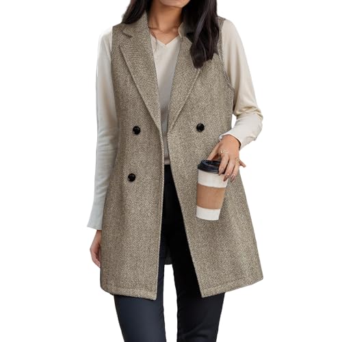 Long Vest for Women Sleeveless Tweed Blazer Casual Lapel Button Down Cardigan Jackets Business Work Office Coats