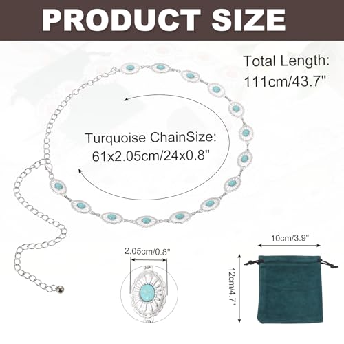 MECCANIXITY Turquoise Waist Chain Belts, 43.7 Inch Length Adjustable Body Chain Belts Metal Western Belt for Woman with Black Green Drawstring Bag for Outfits Jeans Dress, Emerald2