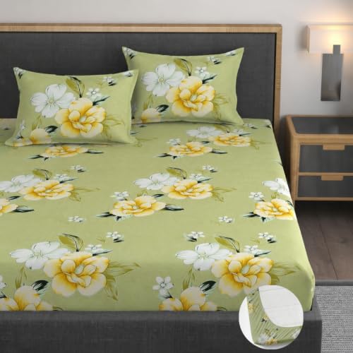 Image of Vaini Premium Heavy Cotton Elastic Fitted Bedsheets with 2 King Size Pillow Covers || Double Bed with All Around Elastic 350 (Light Green Flower, 72x72 Inch King Fitted)