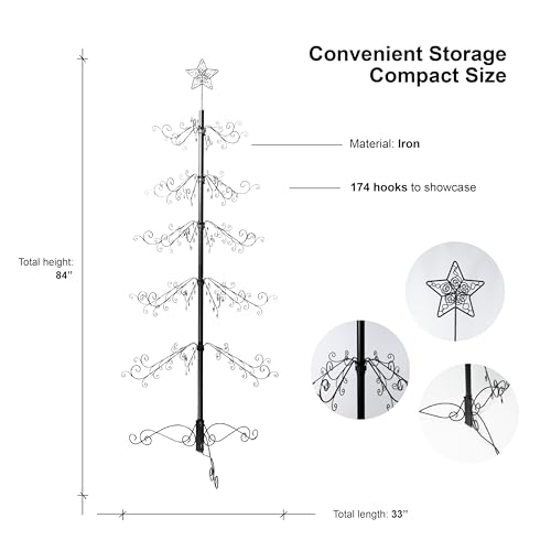 Image of HOHIYA 7 Ft Wrought Iron Christmas Tree Ornament Display Stand Metal Holder Hanger Wire Hanging for Halloween Glass Balls Decorations Gift 174 Hooks Black Taiwan Made