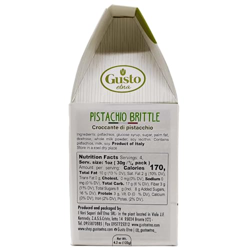 GUSTO ETNA Pistachio Brittle, Sweet Pistachios Butter Chews with Pistachio crumbles, Bite Size, Individually Wrapped, 6.7 oz (190 g) Bark, Non GMO, Product of Italy