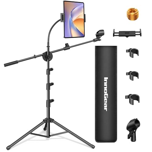 InnoGear Mic Stand, 6 in 1 Microphone Stand Floor with Tablet Phone Holder Height Adjustable from 30' to 72' Mic Stand Tripod Boom Arm with Gooseneck Carrying Bag for Singing Karaoke Stage