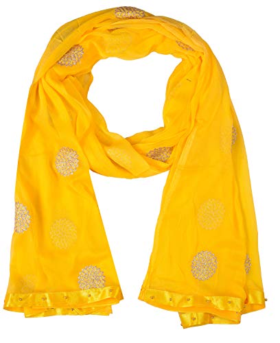 Image of YOUTHQUAKE Golden Floral Embroidery Work Chiffon Dupatta for Womens & Girls with Fancy Moti Lace