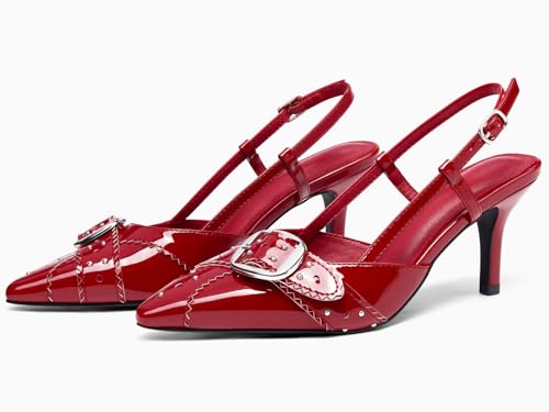 Image of Coutgo Womens Slingback Kitten Heels Studded Closed Pointed Toe Pumps with Buckle Party Dress Shoes