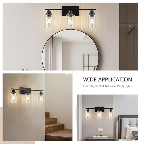 Image of Jonsi 3 Light Modern Black Bathroom Vanity Lights with Fluted Glass Shade, Modern Black Bathroom Lights Over Mirror