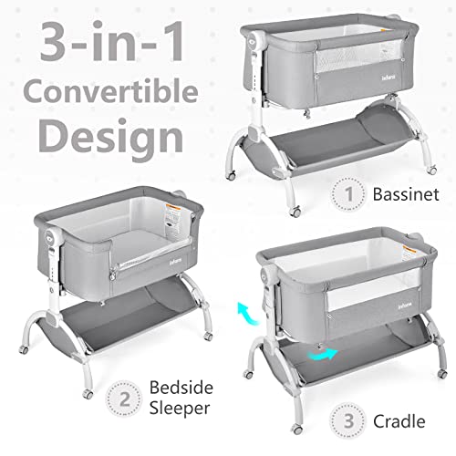 INFANS 3 in 1 Baby Bassinet, Bedside Sleeper, Rocking Cradle, Easy Folding Portable Safer Co-Sleeping Crib with Height Adjustable, Wheels Storage Basket Travel Bag for Infant Newborn (Gray)