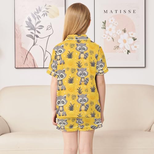 ALAZA Raccoon Palm Leaves Pineapple Yellow Satin Pajamas Set Short Sleeve Button Down Sleepwear Summer Pjs 2 Piece4