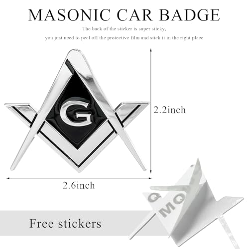 Image of DXNQ 2 PCS Masonic Car Emblem, 2.6 inch Chrome Plated Masonic Emblem Auto Stickers for Freemasons, Metal Mason Square and Compasses Car Decals for Most Vehicles, Car Accessories (Silver&Black)