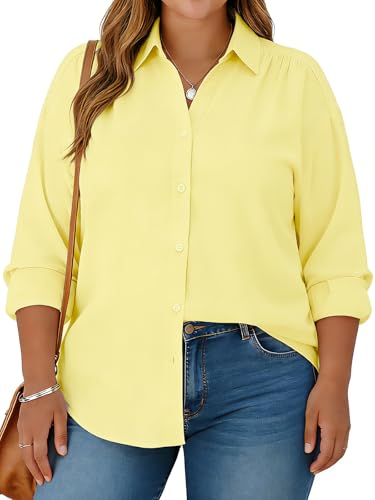 Charming Ashley Plus Size Womens Solid Color V Neck Button Down Blouse Long Sleeve Casual Business Dressy Blouses XL-5XL Light Yellow