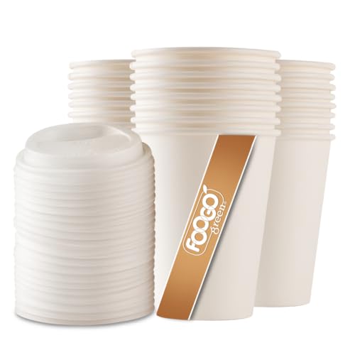 FOOGO Green 100pcs 12oz Disposable Strong Single-Wall White Paper Coffee Cups with Secure Lids, FSC® Certified, Takeaway, Paper Cups for Hot Drinks, Parties, Eco-Friendly