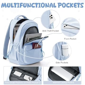 HYC00 Laptop Backpack for Women School Bags for Teen Girls Boys College High School Backpack Travel Work Rucksack Bag for Women Casual Daypack Water Resistant 14 Inch Laptop Rucksack Bookbag, Sky Blue