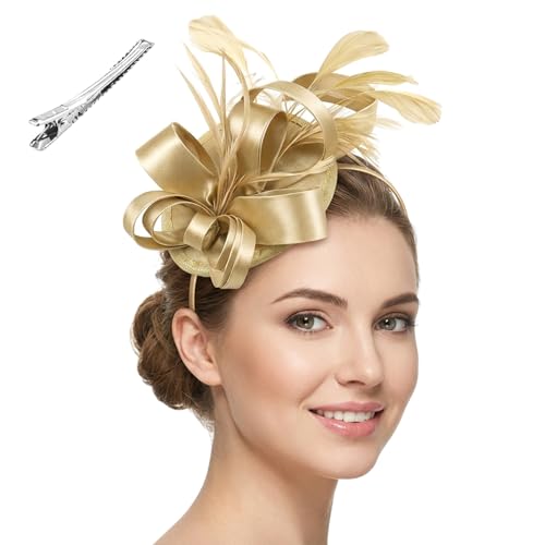 KxrTpx Gold Fascinators for Weddings Elegant Fascinator Hat with Mesh Flower Feather Design Vintage Wedding Hats for Brides and Guests Ideal for Cocktail Parties and Special Occasions (Gold)