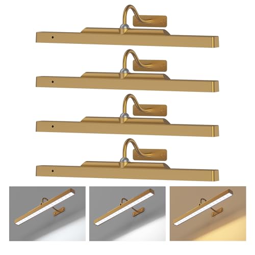 Kryoza 4 Pack Brass Picture Lights for Wall Art, 5000mAh Cordless Gallery Lighting Battery Operated Rechargeable, 3 Color Temps with Remote Control Wall Light for Picture Frame Artworking Portrait