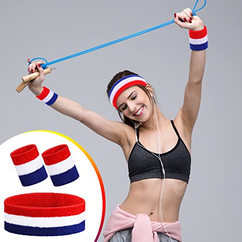 Image of 72 Pcs Bulk Striped Sweatband Set Include 24 Pcs Sweat Absorbing Striped Headbands and 48 Pcs Sweatbands Wristbands Cotton Athletic Sweat Bands for Men Women Gym Sports Workout