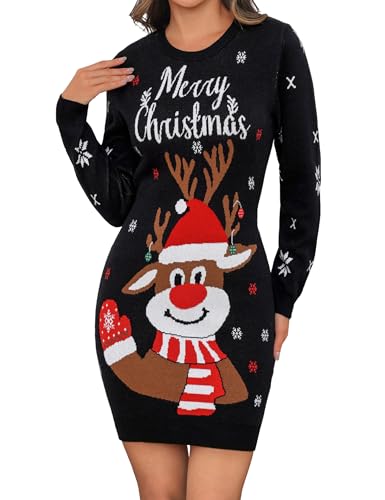 Gyabnw Weihnachts Strickkleid Damen Schwarz mit Rentier Muster Langarm Festliches Winterkleid für Party Feiern