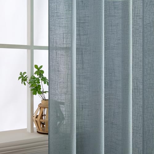 MIULEE Dusty Blue Linen Curtains 63 Inch Length 2 Panels for Bedroom Living Room, Soft Thick Linen Textured Kitchen Window Drapes Semi Sheer Light Filtering Back Tab Rod Pocket Burlap Look Decor