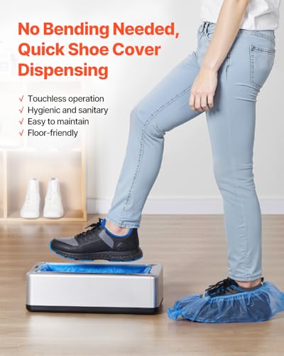 VEVOR Schuhüberzieher-Spender, automatischer Überschuhspender mit 100 Stk. Einweg-Schuhüberzügen, passend für Größen bis US 11, für Zuhause, Büro, Labor, Fabrik, Krankenhaus, Innenbereich, Silber