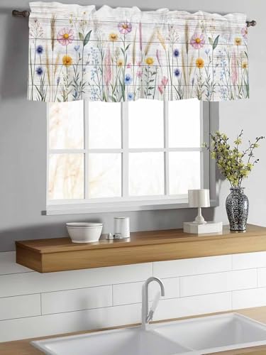 Valance Curtain Flowers Retro Plants Bushes Small Window Curtain Light Filtering Valance for Living Room Bedoom 3 Inch Rod Pocket Window Valance 54' x 18'L