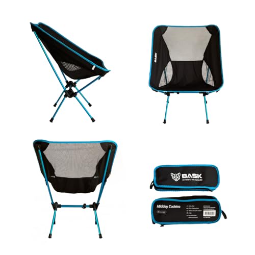 BASK Cadeira Premium Dobrável Ultralight de Alumínio – 1 kg, Compacta 37×13 cm, 150 kg de Capacidade, Portátil para Camping, Praia e Trilhas