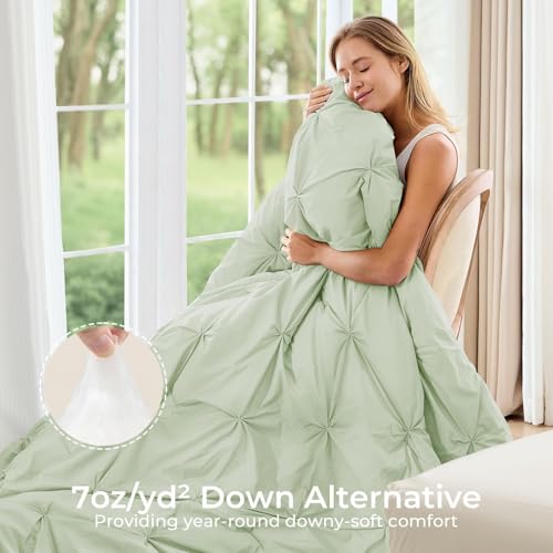 Image of Sasttie King Size Comforter Set, 7-Piece Bed in a Bag, Pintuck Bedding Sets for All Season, Includes Comforter, Flat Sheet, Fitted Sheet, Pillowcases and Pillowshams, Mint