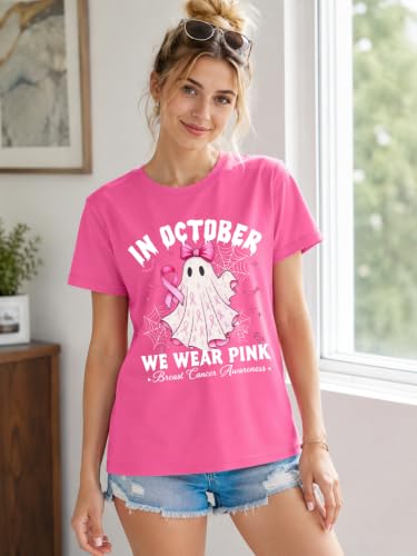 Image of Breast Cancer Shirts for Women Pink Ribbon Shirt Breast Cancer Survivor Tee | Pink Breast Cancer Shirt In October We Wear Pink Tee Breast Cancer Awareness Shirts Halloween Ghost Graphic Short Sleeve Top