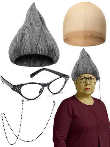 Daifunli 3 Pcs Halloween Administrator Accessories Set Grey Flame Wig Cat Eyeglasses with Chain Beaded for Women