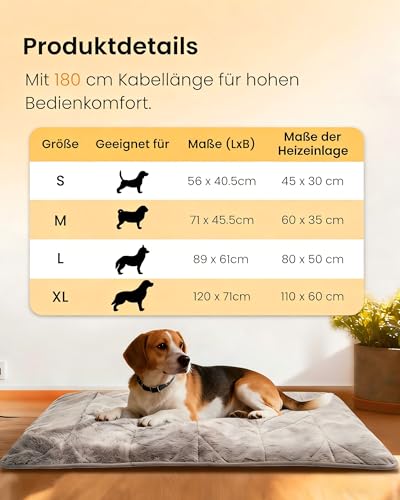 Mora Pets Heizdecke für Hund Wärmedecke Hund Heizmatte 120 x 71 cm, 9-Fach heizbar (30-60°C) mit 5 Timer-Modi, Heizkissen für Haustiere, kaufsicherem Kabel, waschbar, Überhitzungsschutz