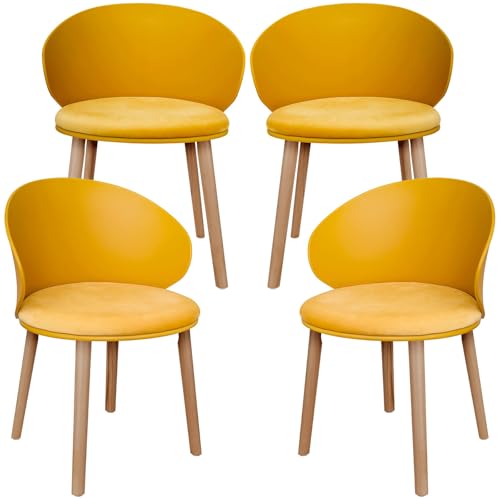 LEWE Pack de 4 Sillas de Comedor, Silla de Conferencia, Respaldo Curvado, Asiento Tapizado con Vellón Holandés, Silla con Reposabrazos, Respaldo Impermeable, Sillas de Cocina, Madera - [Amarillo]