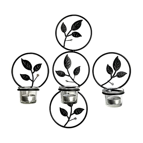 Lily’s Home Art Deco Leaves Wall Sconce Tea Light Candle Holders, Steel, Black, Set Of 3. Clear Glass Tealight Candle Holders Included #TOP2